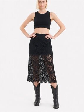 NWT - The Kooples Black Floral Scalloped-Edged Lace Midi Skirt - Size 1/Small